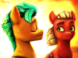 Size: 1280x960 | Tagged: safe, artist:fraumflug, hitch trailblazer, sprout cloverleaf, earth pony, pony, g5, my little pony: a new generation, bust, duo, duo male, eyebrows, eyes closed, hitchsprout, male, shipping, signature, smiling, stallion