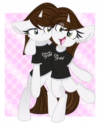 Size: 1786x2160 | Tagged: safe, artist:lbrcloud, oc, oc only, oc:brittneigh ackermane, pony, unicorn, abstract background, bipedal, clothes, duo, duo female, ear fluff, eye clipping through hair, female, frown, happy, hoof around neck, horn, i'm with stupid, mare, open mouth, open smile, raised leg, self paradox, self ponidox, shirt, smiling, t-shirt, text on clothing, text on shirt, ych example, your character here