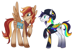 Size: 1749x1172 | Tagged: safe, artist:khimi-chan, oc, oc only, bat pony, pony, bag, bat pony oc, bat wings, beanie, clothes, duo, hat, looking back, male, raised hoof, saddle bag, simple background, stallion, transparent background, wings