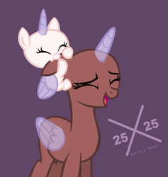 Size: 609x643 | Tagged: safe, artist:enifersuch, oc, oc only, alicorn, pony, alicorn oc, baby, baby pony, bald, base, biting, duo, ear bite, eyelashes, eyes closed, female, filly, floppy ears, horn, mare, purple background, simple background, smiling, wings