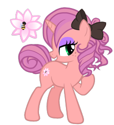 Size: 1200x1318 | Tagged: safe, artist:enifersuch, oc, oc only, bee, insect, pony, unicorn, base used, bedroom eyes, bow, female, flower, hair bow, horn, makeup, mare, offspring, parent:big macintosh, parent:rarity, parents:rarimac, raised hoof, simple background, solo, transparent background, unicorn oc