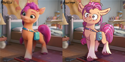 Size: 1738x870 | Tagged: safe, artist:cherritoppu, edit, screencap, sunny starscout, earth pony, pony, g5, my little pony: a new generation, spoiler:my little pony: a new generation, bag, duo, female, indoors, mare, saddle bag, scene interpretation, screencap reference, smiling