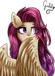 Size: 348x480 | Tagged: safe, artist:gihhbloonde, oc, oc only, oc:condensed milk, pegasus, pony, blushing, bust, ear fluff, eye clipping through hair, eyelashes, female, mare, not fluttershy, pegasus oc, signature, simple background, solo, white background, wings