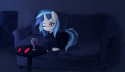 Size: 1904x1099 | Tagged: safe, alternate version, artist:menalia, dj pon-3, vinyl scratch, pony, unicorn, g4, clothes, couch, dark room, female, glasses, hoodie, horn, looking at you, lying, mare, pants, smiling, solo, table