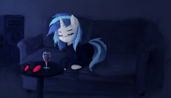 Size: 1904x1099 | Tagged: safe, alternate version, artist:menalia, dj pon-3, vinyl scratch, pony, unicorn, g4, clothes, couch, dark room, female, glasses, hoodie, horn, looking at you, lying, mare, pants, sleeping, smiling, solo, table