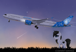 Size: 4096x2797 | Tagged: safe, artist:rieyadraws, oc, oc only, oc:jet blast, pegasus, pony, airbus, airbus a330, airbus a330-900neo, airbus a330neo, airline, aviation, female, grass, happy, implied airport, implied manehattan, jet engine, plane, rolls-royce trent 7000, rotating, scenery, smiling, solo, stars, sunset, takeoff, tilted landing gear, wings