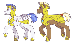 Size: 3500x2000 | Tagged: safe, artist:monnarcha, oc, oc only, oc:stoutheart, oc:swift wing, earth pony, pony, armor, duo, high res, male, royal guard armor, simple background, stallion, transparent background