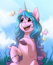 Size: 1057x1314 | Tagged: safe, artist:cosmalumi, izzy moonbow, butterfly, pony, unicorn, g5, my little pony: a new generation, bracelet, crepuscular rays, cute, female, grass, happy, izzybetes, jewelry, looking at something, mare, open mouth, open smile, outdoors, raised hoof, sitting, sky, smiling, solo, unshorn fetlocks