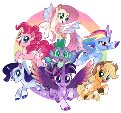 Size: 2090x1962 | Tagged: safe, artist:moccabliss, applejack, fluttershy, pinkie pie, rainbow dash, rarity, spike, twilight sparkle, alicorn, earth pony, pegasus, pony, unicorn, g4, alternate design, bat wings, coat markings, colored wings, facial markings, female, gradient wings, horn, lightning pattern, mane seven, mane six, mare, septet, star (coat marking), star mark, stars, twilight sparkle (alicorn), wings