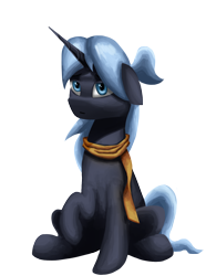 Size: 1000x1346 | Tagged: safe, artist:vezja, oc, oc only, oc:snowshine frost, pony, unicorn, 2022 community collab, derpibooru community collaboration, clothes, female, horn, mare, ponytail, raised hoof, scarf, simple background, sitting, solo, transparent background