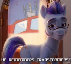 Size: 562x502 | Tagged: safe, artist:robertsonskywa1, edit, edited screencap, idw, screencap, argyle starshine, earth pony, pony, g5, my little pony: a new generation, caption, glasses, optimus prime, solo, theory, transformers