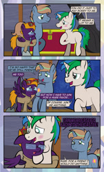 Size: 1920x3169 | Tagged: safe, artist:alexdti, oc, oc only, oc:brainstorm (alexdti), oc:purple creativity, oc:star logic, pegasus, pony, unicorn, comic:quest for friendship, blue eyes, blushing, clothes, comic, crying, dialogue, ears back, eye contact, eyes closed, female, folded wings, glasses, green eyes, heartwarming, hoof on chest, horn, hug, lock, looking at each other, male, mare, open mouth, open smile, partially open wings, pegasus oc, smiling, speech bubble, spread wings, stallion, standing, sunglasses, tail, tears of joy, teary eyes, trio, two toned mane, two toned tail, unicorn oc, wings