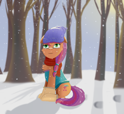 Size: 3708x3393 | Tagged: safe, artist:drakang, sunny starscout, earth pony, pony, g5, my little pony: a new generation, chest fluff, clothes, day, female, floppy ears, forest, high res, mare, outdoors, scarf, snow, snowfall, solo, tree, winter