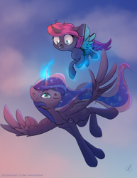 Size: 1600x2068 | Tagged: safe, artist:yarugreat, princess luna, oc, oc:seline, alicorn, pony, unicorn, g4, commission, duo, female, horn, mother and child, mother and daughter, offspring, parent:oc:azure night, parent:princess luna, parents:azuna, parents:canon x oc, unicorn oc, ych result