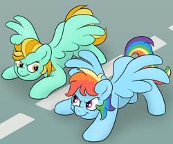 Size: 2154x1794 | Tagged: safe, artist:doodledonutart, lightning dust, rainbow dash, pegasus, pony, g4, duo, female, mare, race, rivalry, spread wings, wings