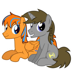 Size: 1406x1406 | Tagged: safe, artist:the smiling pony, oc, oc only, oc:cold front, oc:disty dusk, pegasus, pony, unicorn, 2022 community collab, derpibooru community collaboration, .svg available, blue eyes, brown mane, brown tail, duo, duo male, feathered wings, folded wings, horn, looking at you, lying down, male, pegasus oc, prone, show accurate, simple background, sitting, smiling, smiling at you, stallion, svg, tail, transparent background, two toned mane, two toned tail, unicorn oc, vector, wings