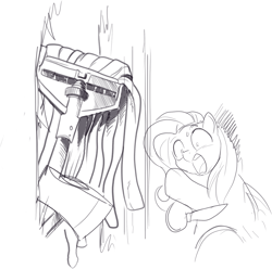 Size: 1489x1475 | Tagged: source needed, useless source url, safe, artist:nauyaco, fluttershy, pegasus, pony, g4, axe, fluttermop, here's johnny, knife, mop, parody, scared, the shining, weapon, wide eyes