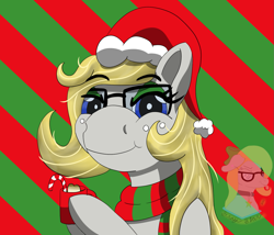 Size: 1367x1172 | Tagged: safe, artist:gray star, derpibooru exclusive, earth pony, pony, candy, candy cane, chocolate, christmas, clothes, female, food, freckles, glasses, hat, holiday, hot chocolate, looking at you, mare, santa hat, scarf, smiling, smiling at you, solo, striped scarf