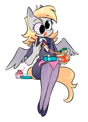 Size: 922x1264 | Tagged: safe, artist:stevetwisp, derpy hooves, pegasus, anthro, g4, chopsticks, clothes, cute, derpabetes, egg (food), food, milk, noodles, office lady, ramen, simple background, skirt, smiling, solo, spread wings, stockings, suit, thigh highs, tongue out, white background, wings