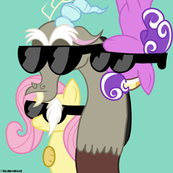 Size: 3600x3600 | Tagged: safe, artist:blinkshake, discord, fluttershy, screwball, earth pony, hybrid, pegasus, pony, g4, family, female, high res, interspecies offspring, male, ship:discoshy, shipping, straight, sunglasses