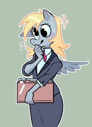 Size: 2090x2886 | Tagged: safe, artist:stevetwisp, derpy hooves, pegasus, anthro, g4, clothes, confused, cute, derpabetes, female, folder, high res, mare, nervous, office lady, question mark, skirt, solo, spread wings, suit, sweat, sweatdrops, winged anthro, wings