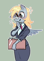 Size: 2090x2886 | Tagged: safe, alternate version, artist:stevetwisp, derpy hooves, pegasus, anthro, g4, breasts, clothes, confused, cute, delicious flat chest, derpabetes, female, folder, glasses, high res, mare, meganekko, nervous, office lady, question mark, round glasses, skirt, solo, spread wings, suit, sweat, sweatdrops, winged anthro, wings