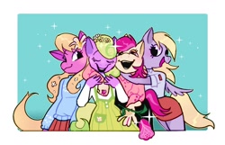 Size: 2000x1289 | Tagged: safe, artist:stevetwisp, daisy, derpy hooves, flower wishes, lily, lily valley, roseluck, earth pony, pegasus, anthro, g4, clothes, dress, eyes closed, floral head wreath, flower, flower in hair, flower trio, group hug, happy, hug, rose, shirt, skirt, smiling, sparkles, sweater