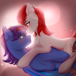 Size: 2000x2000 | Tagged: safe, artist:kawipie, oc, oc only, oc:keygun, oc:waves, bat pony, pony, unicorn, bat pony oc, blushing, cuddling, duo, female, high res, looking at each other, looking at someone, male, oc x oc, shipping, simple background, straight