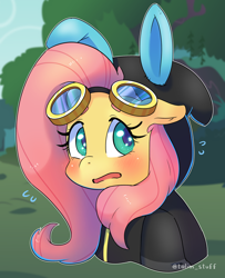 Size: 2000x2466 | Tagged: safe, artist:talimingi, fluttershy, pegasus, pony, g4, blushing, bunny ears, bust, clothes, costume, cute, daaaaaaaaaaaw, dangerous mission outfit, female, floppy ears, goggles, high res, hoodie, looking sideways, mare, open mouth, outline, shyabetes, solo, white outline