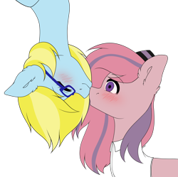 Size: 4024x4011 | Tagged: safe, artist:torihime, oc, oc only, oc:cloud cuddler, oc:sweet haze, earth pony, pegasus, pony, accessory, blushing, clothes, cute, female, glasses, hat, kissing, male, pegasus oc, shipping, shirt, simple background, transparent background, upside down, upside down kiss