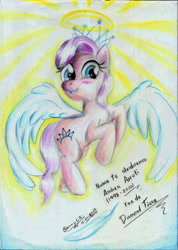 Size: 1663x2338 | Tagged: safe, artist:3500joel, diamond tiara, angel, earth pony, pony, g4, andrea arruti, female, filly, flying, halo, rest in peace, signature, smiling, solo, spanish, spirit, traditional art, tribute, voice actor