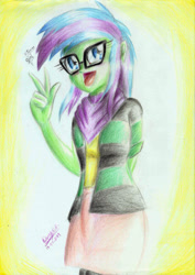 Size: 1654x2339 | Tagged: safe, artist:3500joel, oc, oc only, oc:stormlight, equestria girls, g4, clothes, equestria girls oc, female, glasses, open mouth, skirt, solo, traditional art