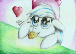 Size: 2328x1644 | Tagged: safe, artist:3500joel, oc, oc only, oc:rosa moon, pony, cookie, cute, female, food, heart, solo, traditional art