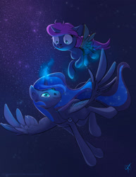 Size: 1280x1655 | Tagged: safe, artist:yarugreat, princess luna, oc, oc:seline, alicorn, pony, unicorn, g4, commission, duo, female, horn, mother and child, mother and daughter, night, offspring, parent:oc:azure night, parent:princess luna, parents:azuna, parents:canon x oc, stars, unicorn oc, ych result