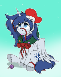 Size: 1744x2208 | Tagged: safe, artist:rokosmith26, oc, oc only, oc:prince nova, alicorn, pony, alicorn oc, bow, cheek fluff, chest fluff, christmas, christmas stocking, christmas wreath, commission, fangs, floppy ears, gradient background, holiday, horn, looking up, male, one ear down, raised hoof, ribbon, shadow, simple background, sitting, smiling, solo, stallion, sweat, sweatdrop, tail, tongue out, unshorn fetlocks, wings, wreath, ych result
