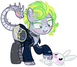 Size: 1280x1104 | Tagged: safe, artist:lavender-bases, artist:princess-kitsune-tsu, oc, oc only, oc:cloud drift, pegasus, pony, rabbit, animal, augmented, augmented tail, base used, blushing, clothes, collar, denim, deviantart watermark, ear piercing, earring, female, jacket, jewelry, mare, markings, mismatched socks, nose piercing, nose ring, obtrusive watermark, open mouth, piercing, raised hoof, ripped stockings, shirt, simple background, socks, solo, stockings, striped socks, t-shirt, tail, thigh highs, tongue out, torn clothes, transparent background, watermark