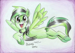 Size: 2337x1656 | Tagged: safe, artist:3500joel, oc, oc only, oc:diamond green, pegasus, pony, female, looking at you, open mouth, pegasus oc, solo, traditional art, waving