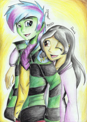 Size: 1654x2329 | Tagged: safe, artist:3500joel, oc, oc only, oc:dany melody, oc:stormlight, equestria girls, g4, clothes, duo, equestria girls oc, female, hug, one eye closed, open mouth, traditional art