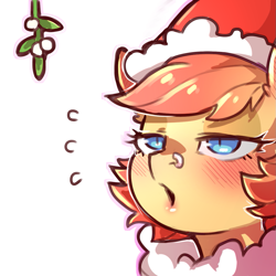 Size: 1159x1159 | Tagged: safe, artist:cold-blooded-twilight, oc, oc only, oc:jellybean, bat pony, pony, bedroom eyes, christmas, clothes, costume, eyeshadow, female, holiday, kissy face, lipstick, makeup, mistletoe, nose piercing, nose ring, piercing, santa costume, simple background, slit pupils, solo, sweat, transparent background