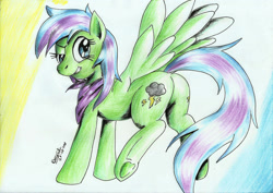 Size: 2335x1655 | Tagged: safe, artist:3500joel, oc, oc only, oc:stormlight, pegasus, pony, butt, female, grin, looking back, pegasus oc, plot, smiling, solo, traditional art