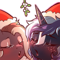 Size: 1159x1159 | Tagged: safe, artist:cold-blooded-twilight, oc, oc:efflorescence, oc:witching hour, pony, unicorn, blushing, christmas, duo, eyes closed, eyeshadow, face to face, freckles, hat, holiday, kissy face, makeup, mistletoe, santa hat, simple background, transparent background, witchessence