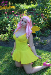 Size: 500x730 | Tagged: safe, fluttershy, human, g4, bare shoulders, breasts, cleavage, clothes, cosplay, costume, irl, irl human, photo, sleeveless