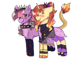 Size: 1000x800 | Tagged: safe, artist:valkiria, oc, oc only, oc:allegro shine, oc:clawdeen, ferret, half-siren, hengstwolf, pony, werewolf, anklet, blood, blushing, boots, bracelet, choker, clothes, corset, disguise, disguised siren, duo, eyes closed, fangs, female, freckles, gloves, grin, hairband, interspecies offspring, jacket, jewelry, leather jacket, magical lesbian spawn, mare, markings, offspring, parent:adagio dazzle, parent:sunset shimmer, parents:sunsagio, shoes, simple background, skirt, smiling, spiked choker, transparent background