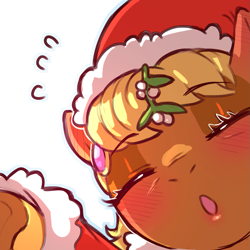 Size: 1159x1159 | Tagged: safe, artist:cold-blooded-twilight, ms. harshwhinny, earth pony, pony, g4, blushing, christmas, close-up, clothes, costume, ear blush, ear piercing, earring, eyes closed, eyeshadow, female, hat, holiday, jewelry, kissy face, lipstick, makeup, mistletoe, piercing, santa costume, santa hat, simple background, solo, sweat, transparent background, underhoof