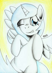 Size: 1651x2328 | Tagged: safe, artist:3500joel, oc, oc only, oc:melody keylight, alicorn, pony, alicorn oc, female, horn, one eye closed, solo, traditional art, wings, wink