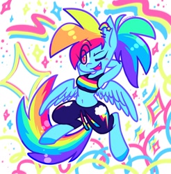 Size: 1975x2004 | Tagged: safe, artist:creepincrawl, rainbow dash, pegasus, anthro, unguligrade anthro, g4, arm behind head, bare arms, belly button, clothes, ear piercing, earring, eye clipping through hair, eyebrows, eyebrows visible through hair, fangs, female, hooves, jewelry, mare, midriff, multicolored tail, one eye closed, pants, piercing, ponytail, solo, sports bra, spread wings, sweatpants, tail, wings