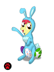 Size: 1500x1999 | Tagged: safe, artist:darkprinceismyname, apple bloom, earth pony, pony, g4, animal costume, bunny bloom, bunny costume, clothes, costume, easter, easter egg, holiday, simple background, solo, white background