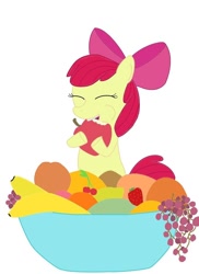 Size: 680x936 | Tagged: safe, artist:merejump, apple bloom, earth pony, pony, g4, apple, banana, cherry, eating, female, filly, food, fruit, fruit bowl, grapes, herbivore, peach, simple background, solo, strawberry, white background