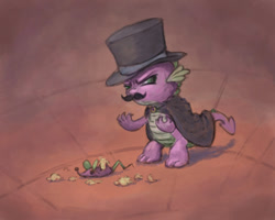 Size: 994x794 | Tagged: safe, artist:adeptus-monitus, spike, dragon, g4, owl's well that ends well, cape, cloak, clothes, dastardly spike, dastardly whiplash, fake moustache, hat, plushie, scene interpretation, solo, top hat