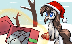 Size: 4000x2454 | Tagged: safe, artist:ahobobo, oc, oc only, oc:frosty flakes, earth pony, pony, yakutian horse, blue eyes, christmas, earth pony oc, eyebrows, eyebrows visible through hair, female, fluffy, gift giving, hat, high res, holiday, magic, open mouth, open smile, present, santa hat, smiling, snow, solo
